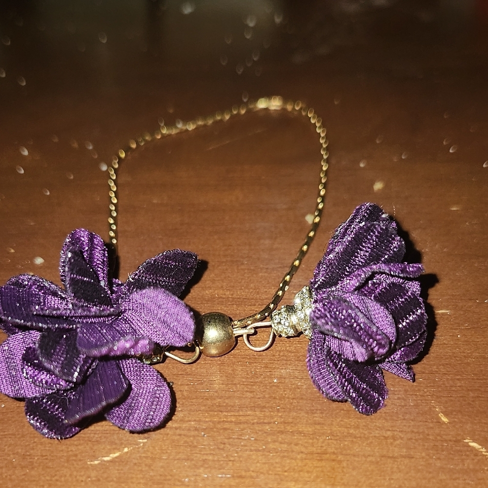 Purple Floral Bracelet with Gold Chain